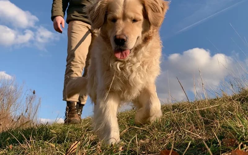 Dog performing controlled strengthening exercise - walking down the hill.