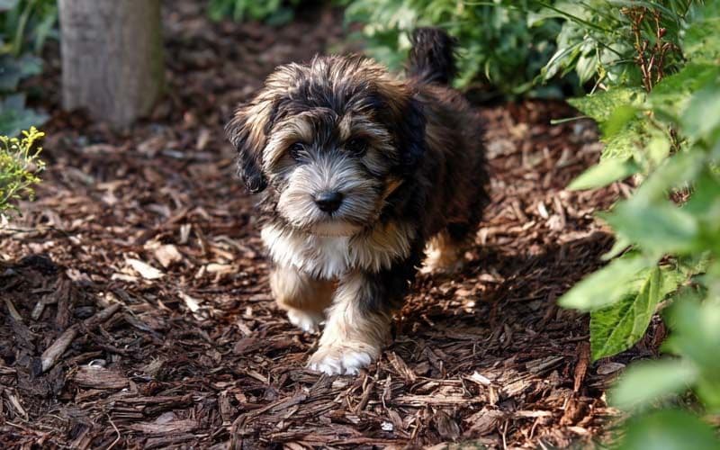Puppy learns to walk on a new surface - garden mulch